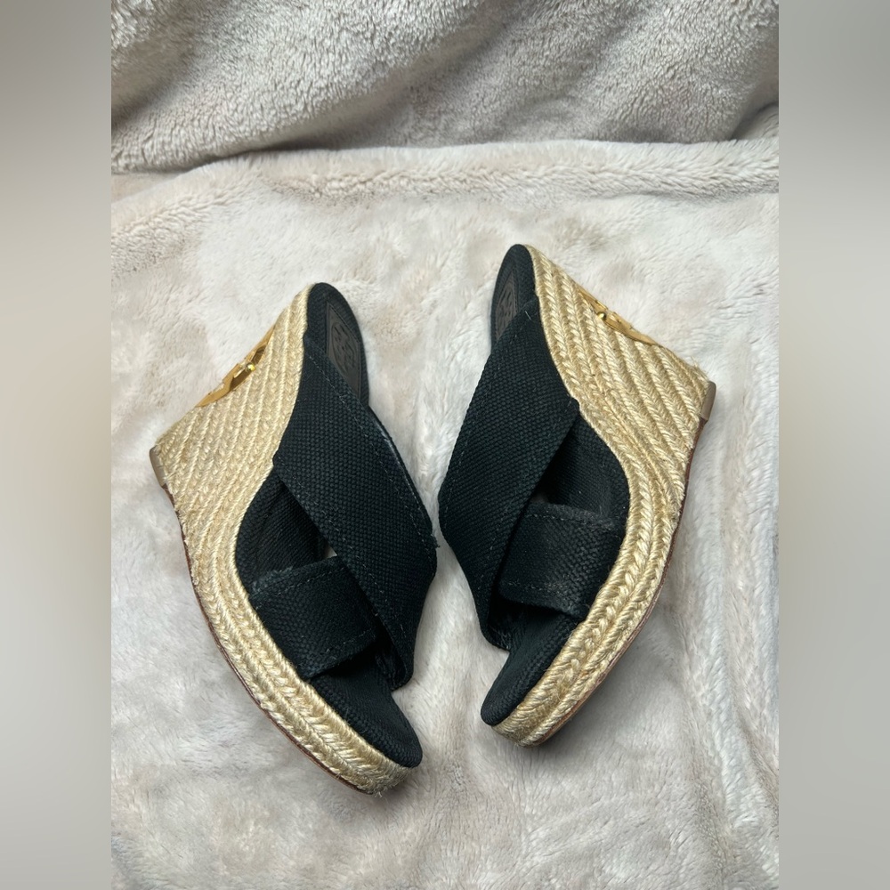 Tory Burch Black Wedge Sandals with Gold Accent Size 8 - Picture 8 of 9